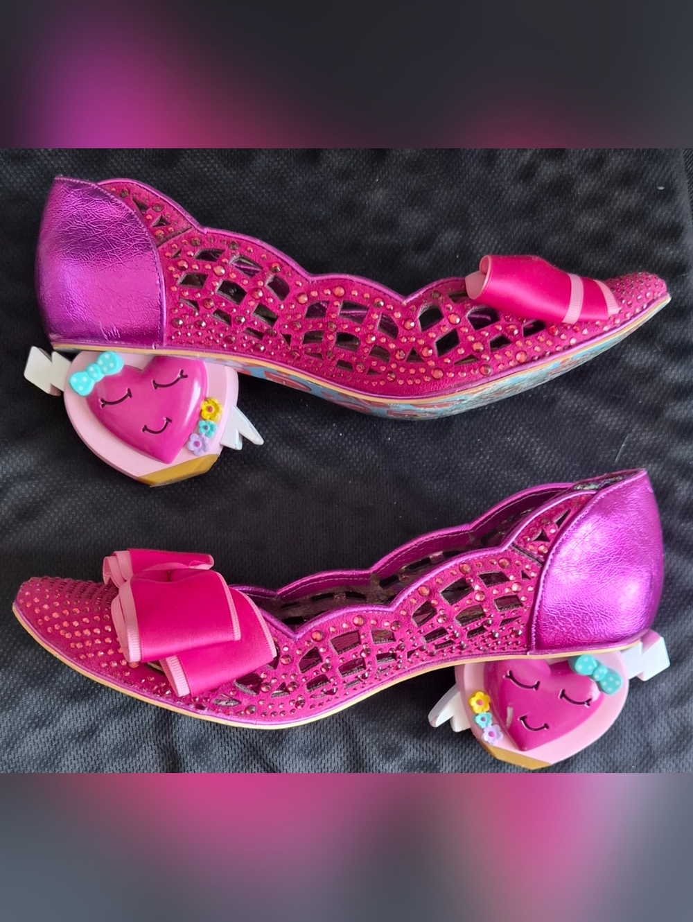 Irregular Choice Hot Pink Cutout Bow Heels with Heart Embellished Heel